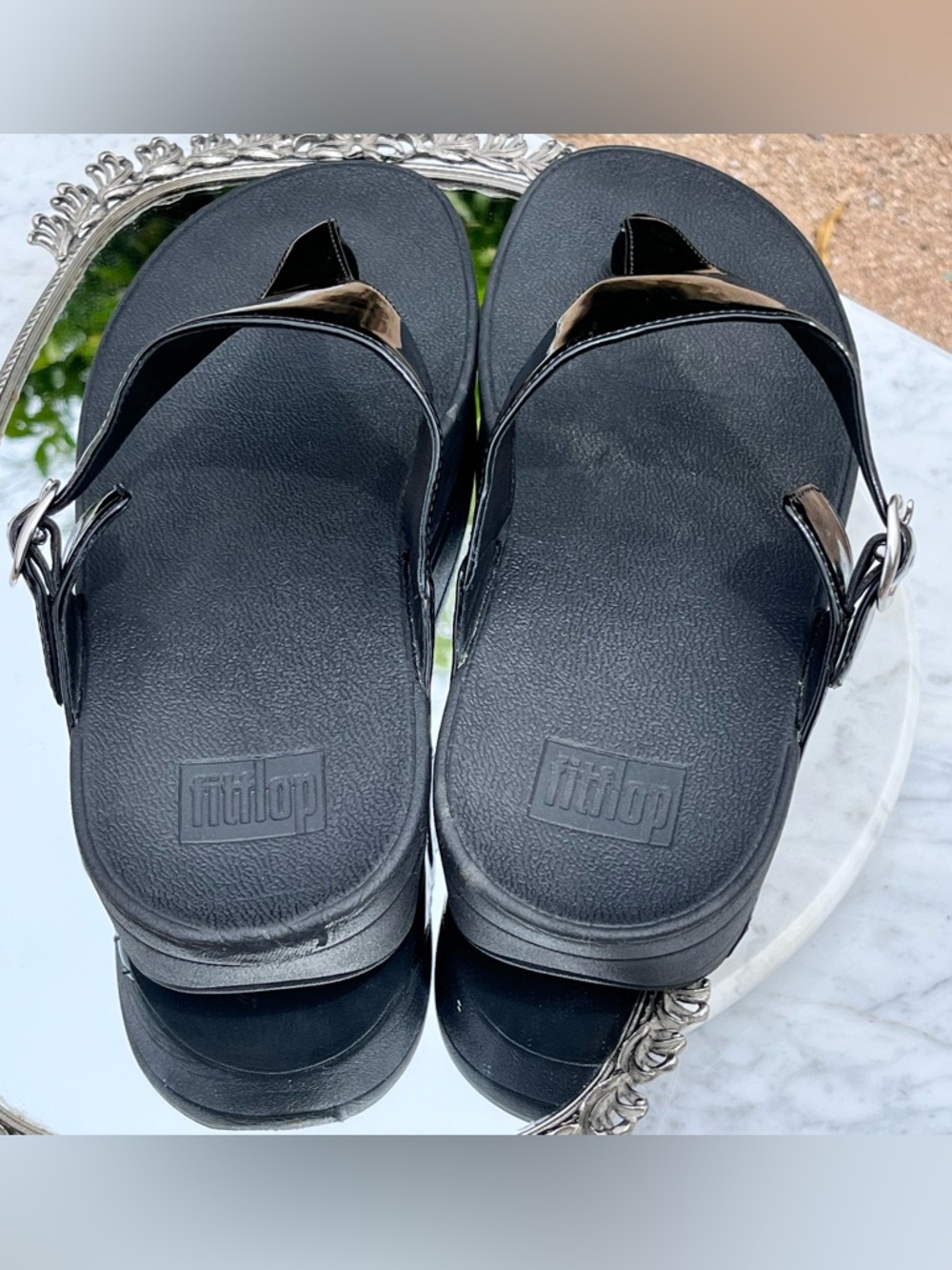FitFlop The Skinny Black Patent Leather Wedge Thong / Sandal, 11, Silver Buckle - Picture 6 of 14